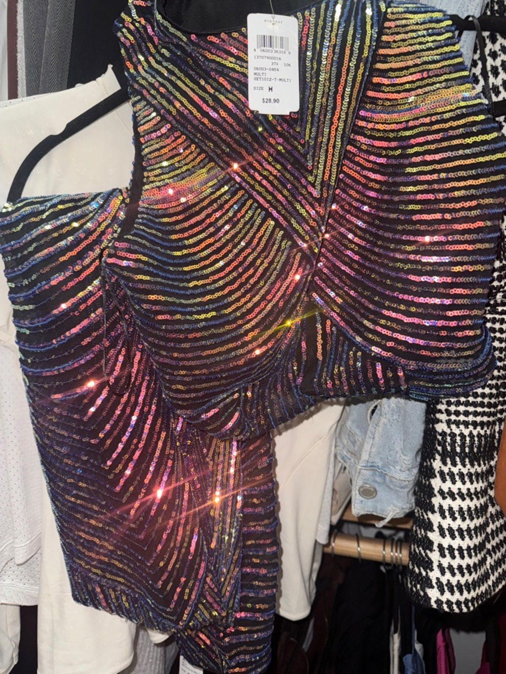 Pink Rose Black Sequin Crop Camisole with Rainbow Stripes
